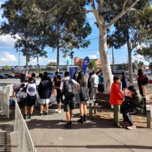 A group of school kids outside
